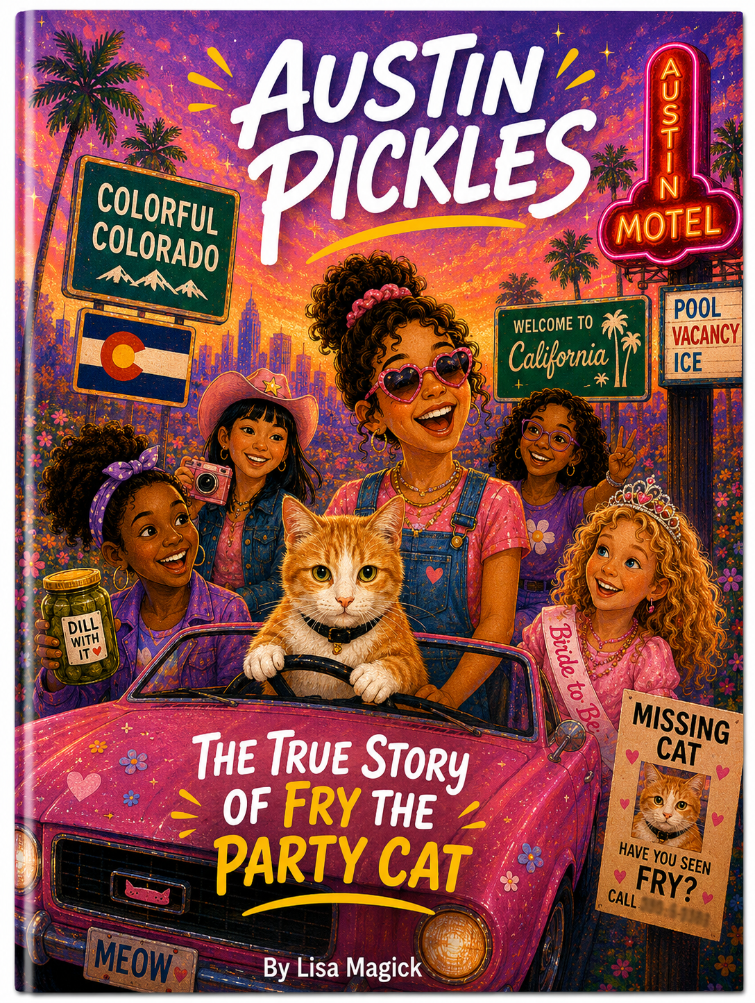 Book cover of 'Austin Pickles: The True Story of Fry the Party Cat' with colorful illustration and text.